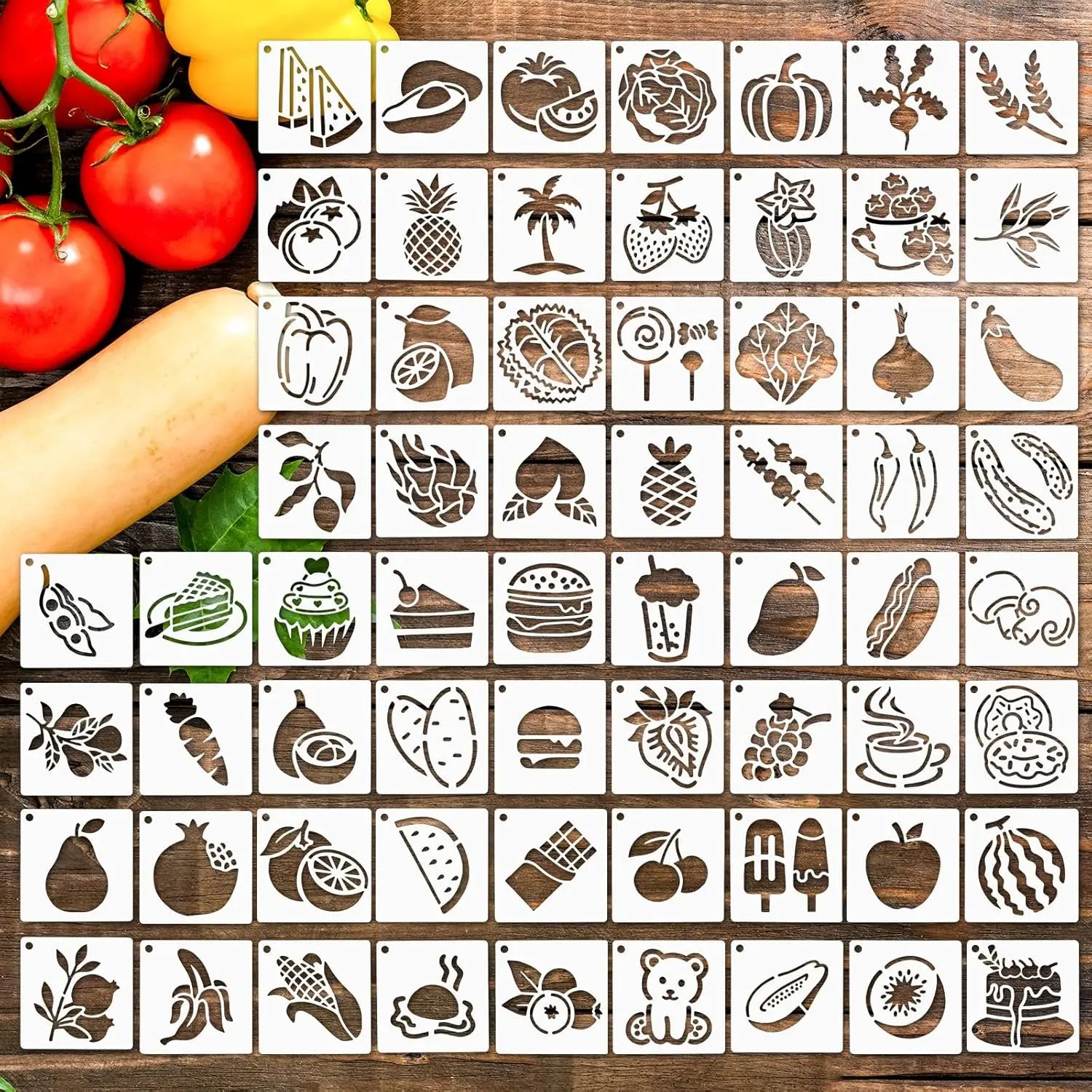 64Pcs Fruit Stencils for Painting Reusable Vegetable Stencils Crafts Drawing Templates Art Painting on Wood Wall Canvas Plastic Stencil for DIY Fabric Rock Home Decor (3 X 3 Inch)