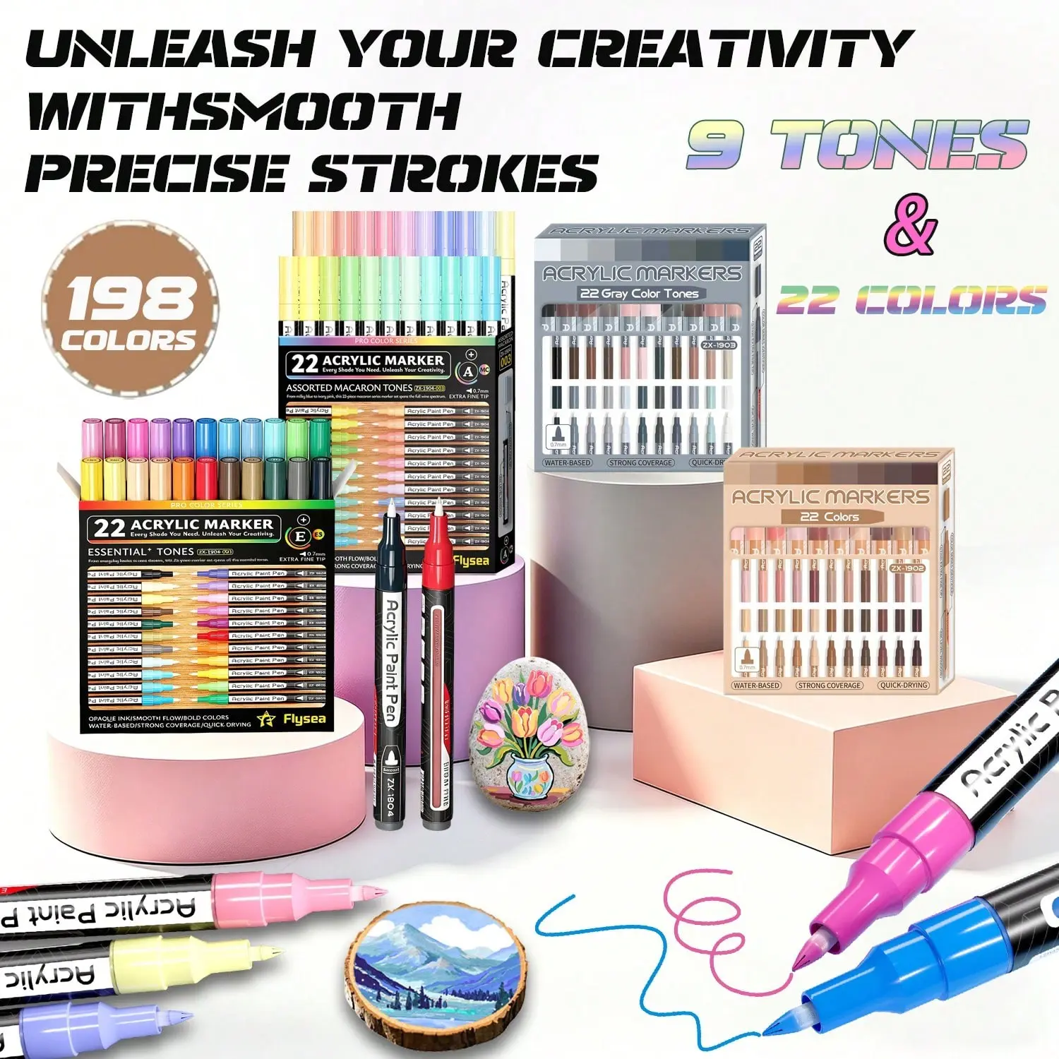 Flysea 22-Pack Acrylic Marker Pens, Gradient Colors, 0.7mm Fine Tip, Ideal for Detailed Drawing, Quick-Dry, Stain-Resistant, Versatile Use