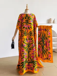 Women's Fashion Plant Print Boho Robe Set, Long Dress + Headscarf Scarf, Beach Sun Protection, Casual Summer, Elegant Satin Material