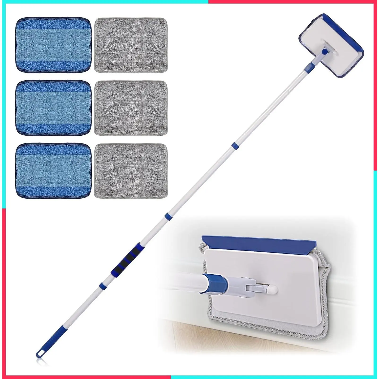Baseboard Cleaner Tool with Extendable Long Handle, Wall and Floor Mop Duster for Cleaning Window, Floor, Skirting Board, Ceiling, Shower, Tub Tile, Kitchen, 6 Reusable Pads