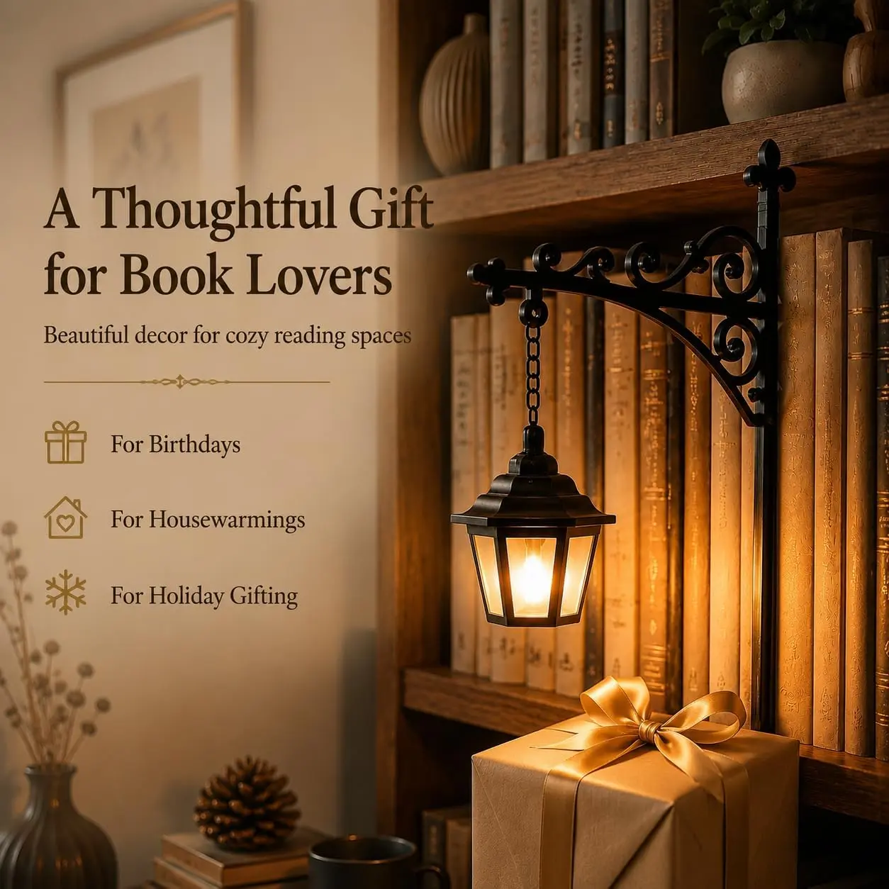 Library Lantern-Decorative Bookshelf Lighting, Mini Bookshelf Lamp Slides Between Books for Hidden Display, Warm Amber LED Lights for Book Nook, Shelf Decor Gift for Book Lovers (Pumpkin Lantern)