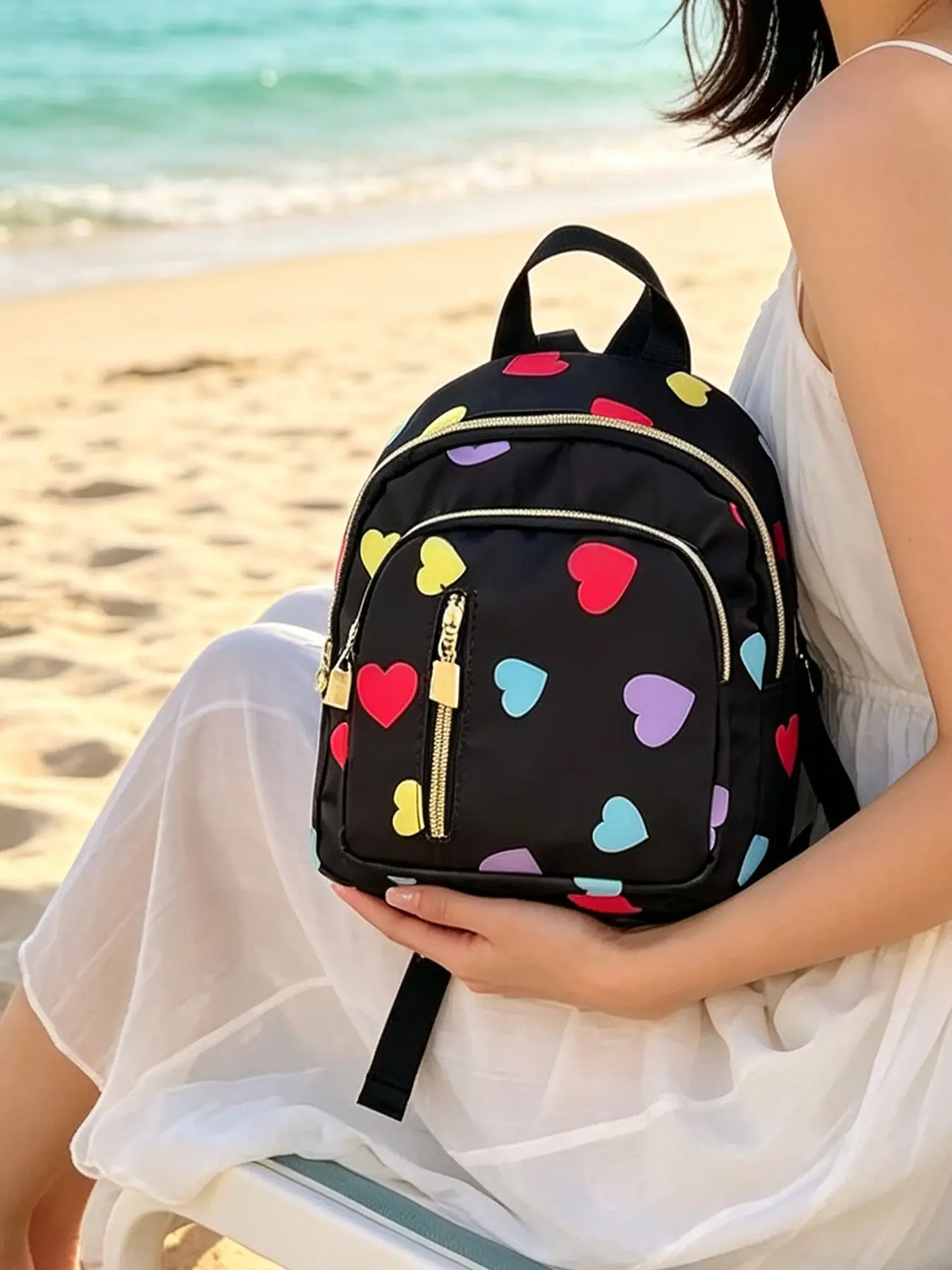 Women's Heart Print Mini Zip Backpack, Lightweight Waterproof Nylon, Boho Style, Versatile Shoulder Bag, Perfect for Beach, Travel, Daily Use