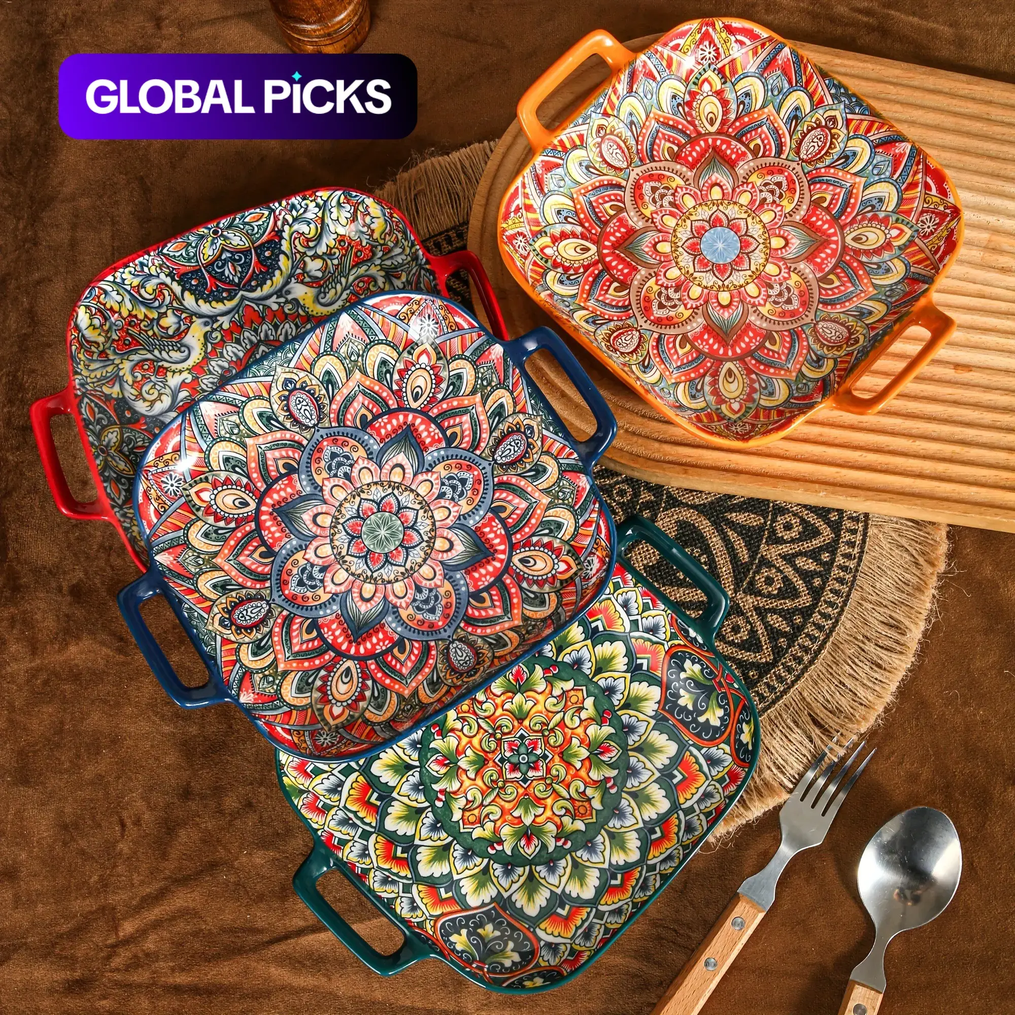 Bohemian Ceramic Salad Plate, Dual Handle Baking Dish, Oven & Microwave Safe, Vibrant Floral Design, Perfect for Pasta, Aesthetic Tableware, Aesthetic Plates, Decorative Plates, Salad Serving Plates, Ceramics Plate
