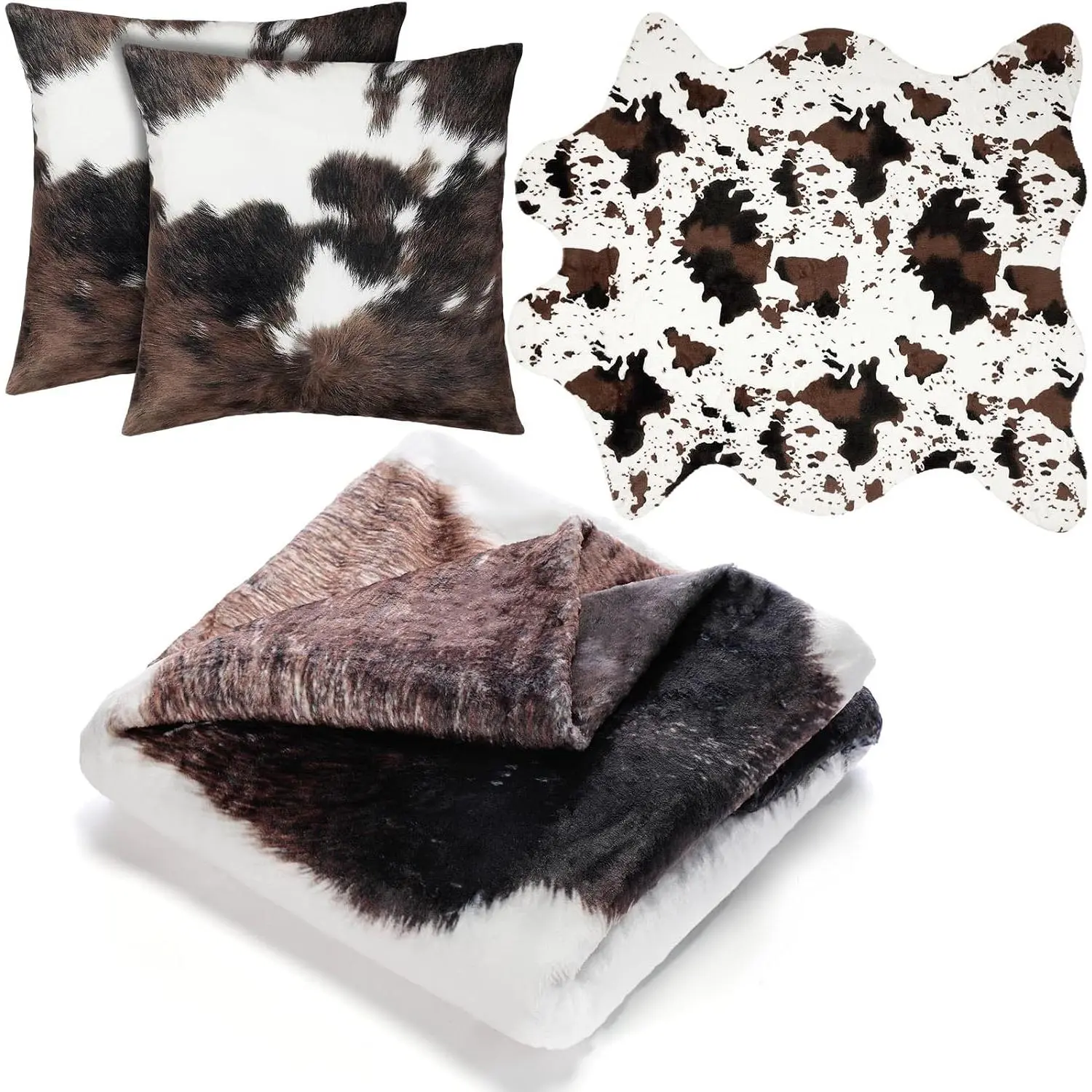 4 count Cow Rug Pillow Cover Blanket Set 3.6x2.5 ft Cowhide Area Carpet 50''x60'' Soft Cow Throw Blankets 18''x18'' Cowhide Pillow Case for Christmas Winter   Office Bedroom Decoration