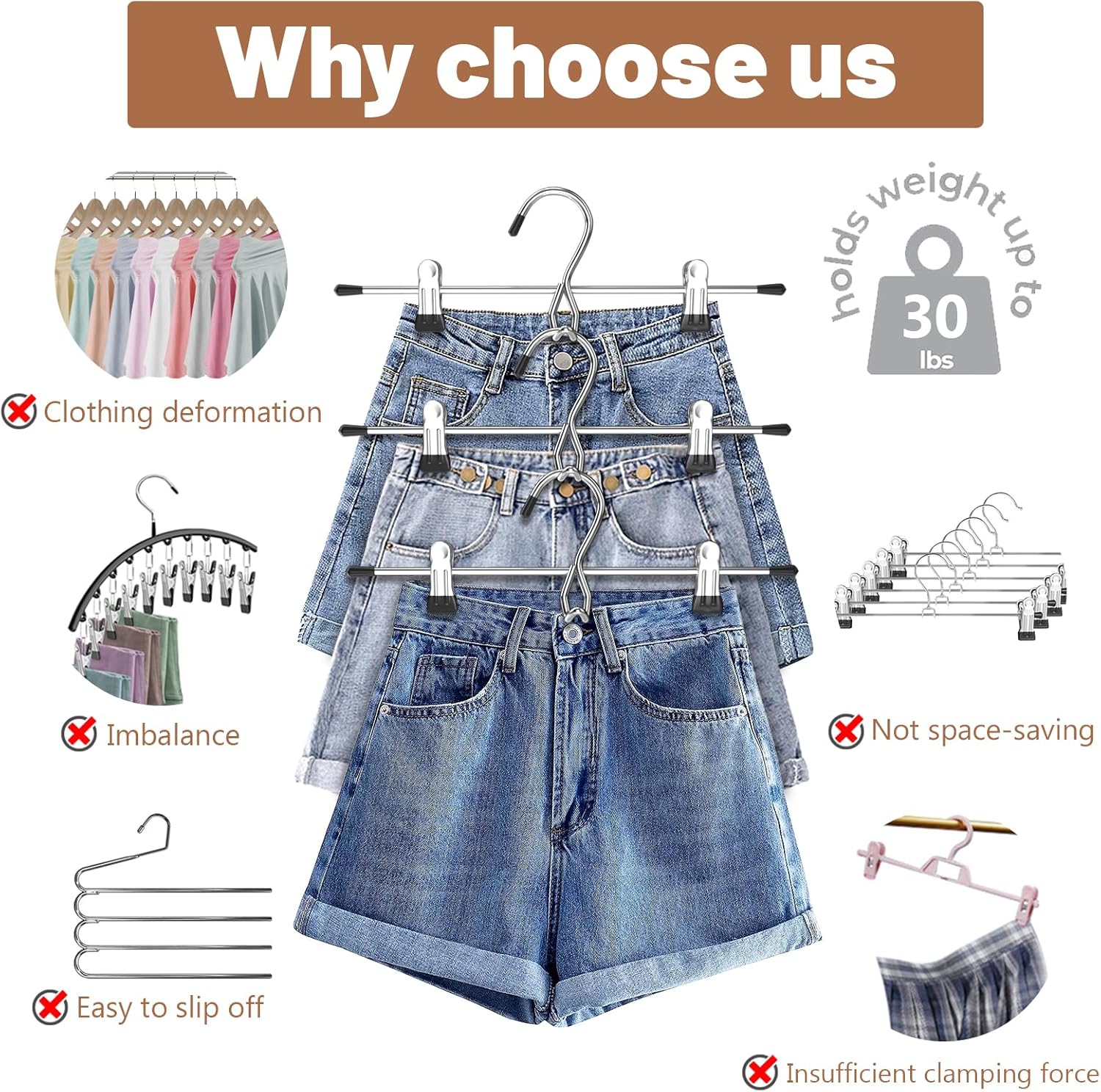 Pants Hangers Space Saving,Stackable Skirt Hangers with Clips, Hanging Closet Organizer and Storage,Clothes Hangers, College Dorm Essentials Apartment Essentials- 8 Pack