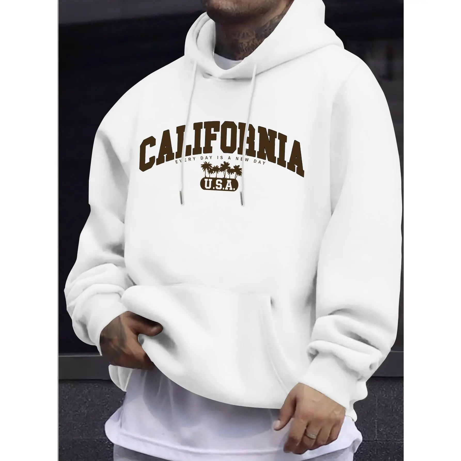 Men's casual American-style retro-inspired letter print hooded sweatshirt, regular fit, with hooded collar and graphic print, casual long-sleeved pullover.