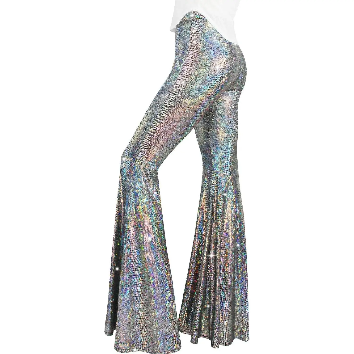 Womens Sequin Flare Pant Sparkly High Waisted Leg Bell Bottom Glitter Trousers Night Out Clubwear