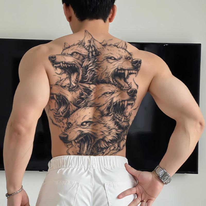 3pcs Large Men'S Tattoo Stickers Tiger, Lion, Wolf Realistic Design, Waterproof And Non-Glossy, For Back - Perfect For Parties, Daily Wear, Unique Gift Idea For Men.
