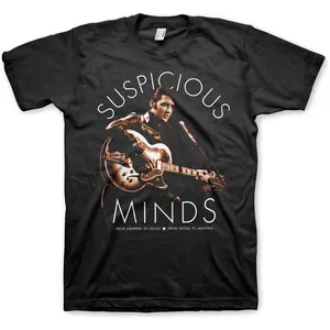 Elvis Presley Officially Licensed Suspicious Minds Mens T-Shirt (Black) Elvis Presley "Suspicious Minds" Guitar Performance Graphic Tee Men’s Vintage Rock Short Sleeve Crew Neck Casual Top