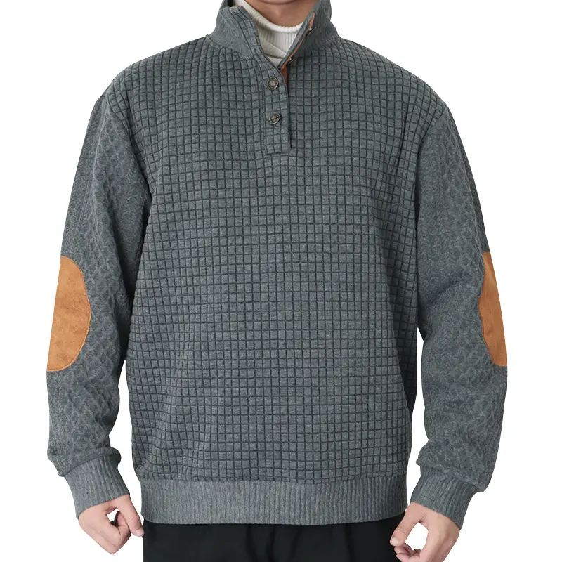 Men's Stand Collar Spliced Small Plaid Pullover Sweatshirt, Menswear Plus Sizes Long-Sleeves Casual Top with Button Closure, Machine Wash for Spring Fall