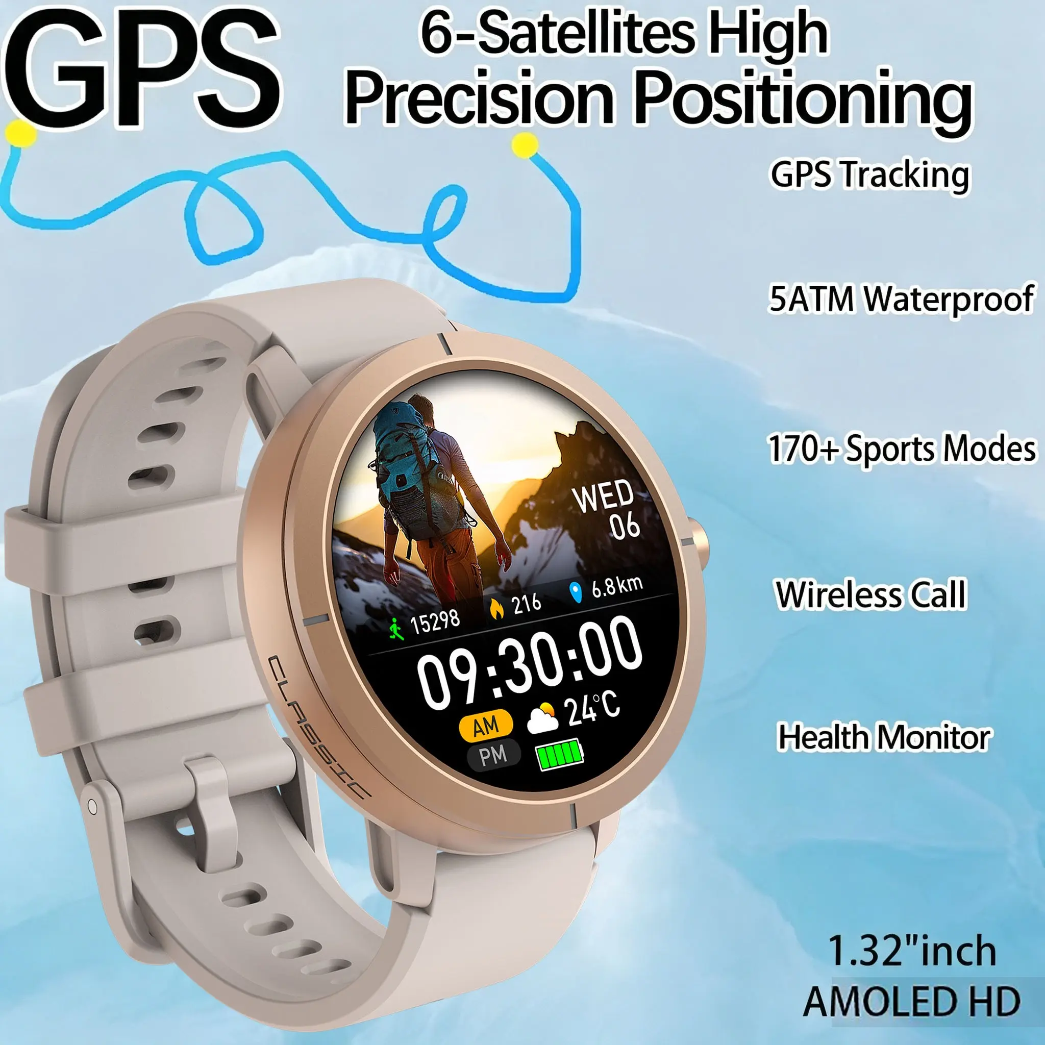2026 GPS Smart Watch AMOLED 1.32inch BT Call 5ATM Waterproof 170 Sport Modes 360mAh Large Battery Outdoor Men Women Smart Watch