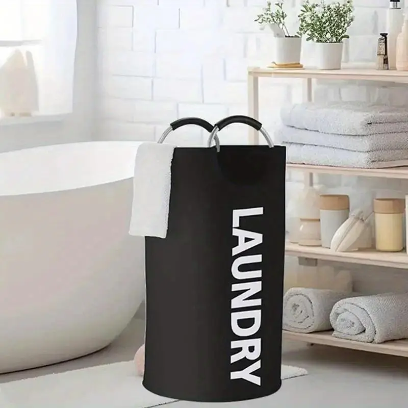 90L Extra-Large Standing Laundry Basket - Waterproof 600D Oxford Dirty Clothes Holder with Padded Aluminum Handle, EVA/PE Liner, Strong Stable Wide Base, Foldable for Student Dorm, Bathroom Use (Standard for Casual & Sports Needs)