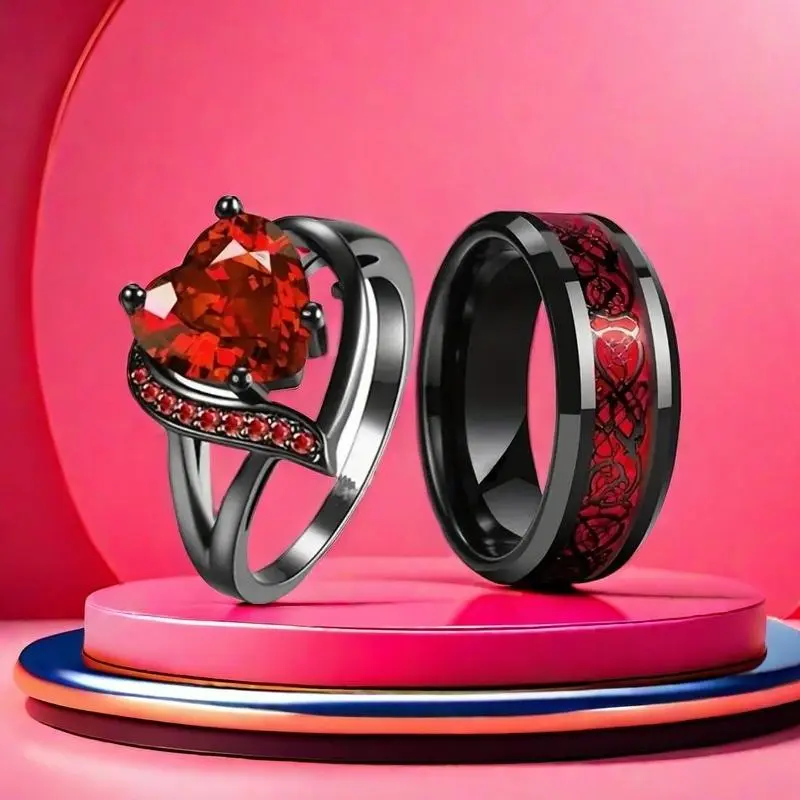 Fashion Creative Red Heart Couple Rings Men's Dragon Pattern Stainless Steel Ring Romantic Heart Design Wedding Engagement Rings Valentine's Day Jewelry Gifts