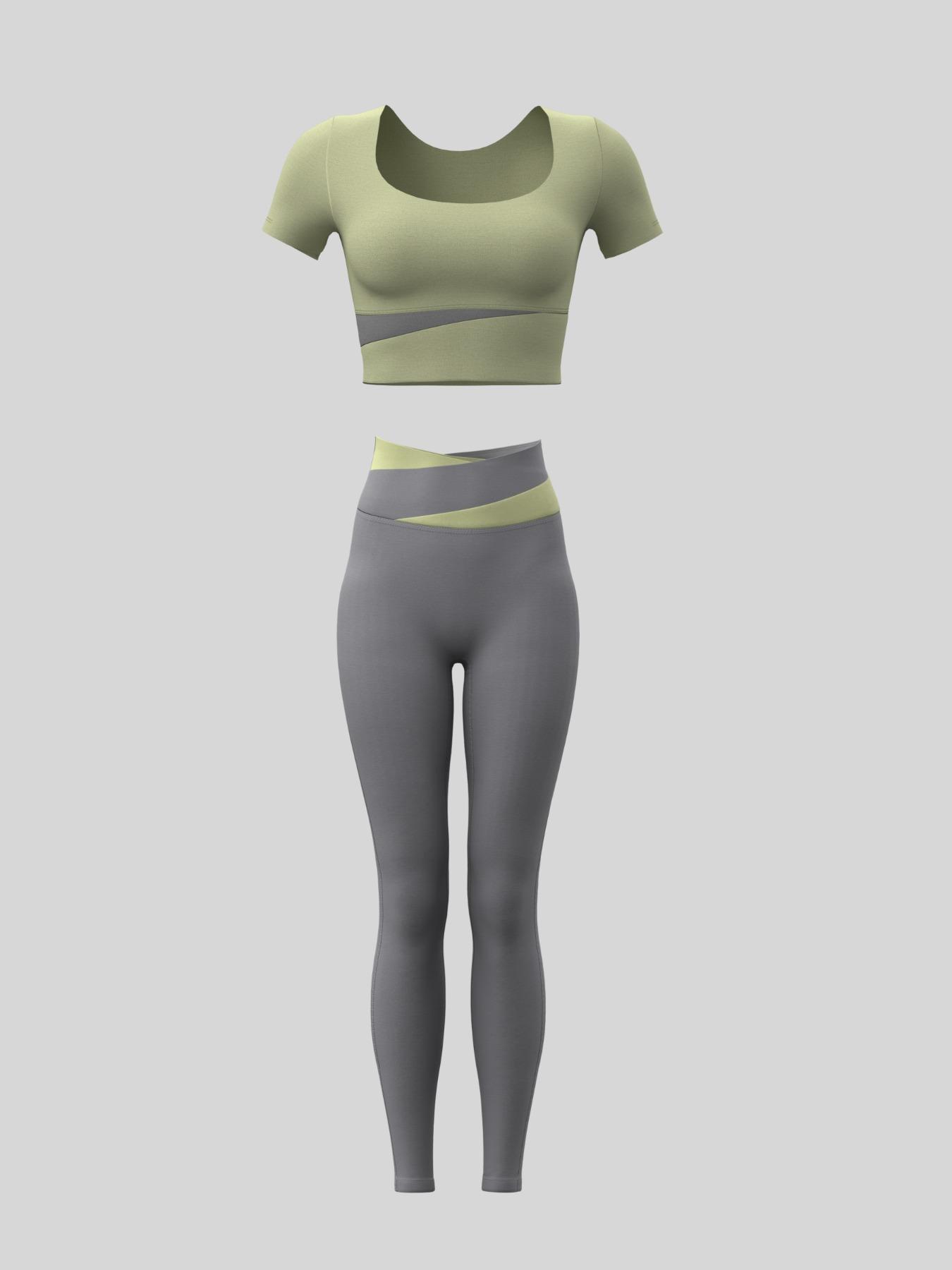 Women's Colorblock Crop Tee & High Waist Leggings Tracksuit Set, Sporty Breathable Comfy Outfits for Yoga Gym Workout Running Clothes, Ladies Sportswear for All Seasons