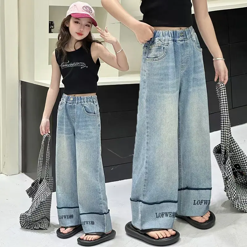 Girls' High Waisted Denim Jeans - 3-12 Years, Spring Autumn New Arrival, Wide Leg Straight Cut Denim Fabric Pants with Star Embroidery, Comfortable Fashion Look