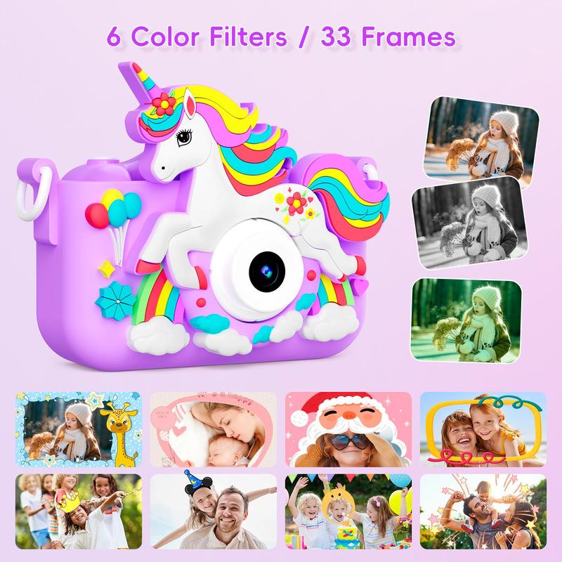 Multifunctional Camera with 5 Puzzle Games, Cute Unicorn Silicone Case, 1080P HD Lens, Home Selfie Photos, Video Recording, Birthday Gift