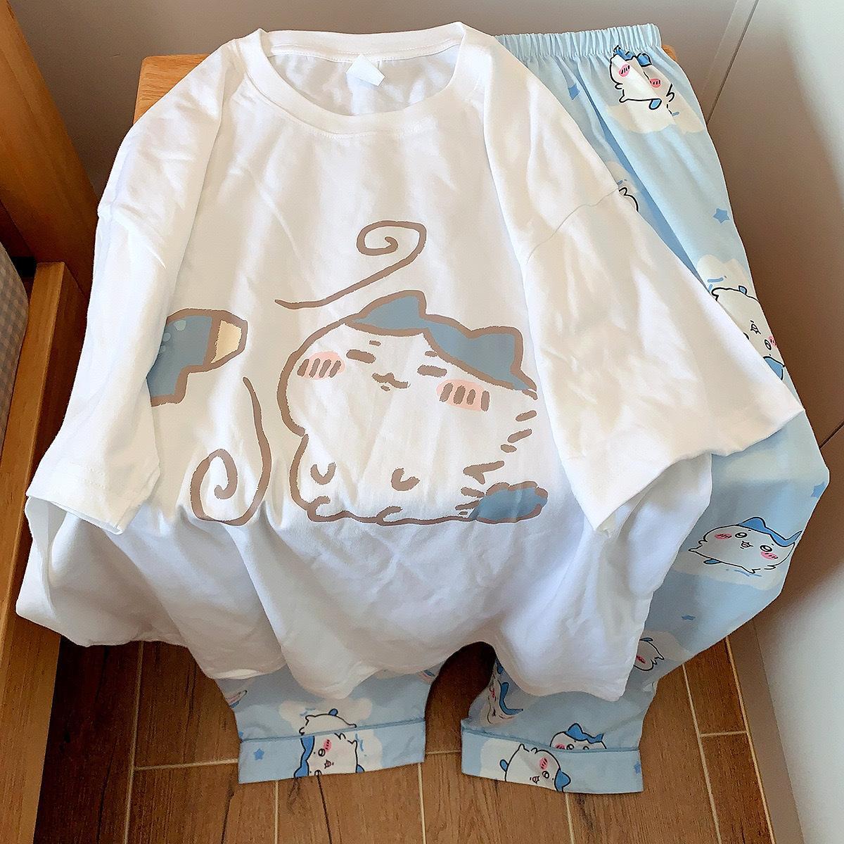 Anime Usag Hachiware Summer thin pajamas round neck Loose long-sleeved shirt and pants Cute cartoon pattern household clothes