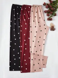 3 Pack Heart Print Women's Loose Pjs Pajama Pants, Soft Skin-Friendly Elastic Waist Wide Leg Pants, Casual Home Wear Sleep Trousers Loungewear Nightwear Bottoms Can Be Worn Outside