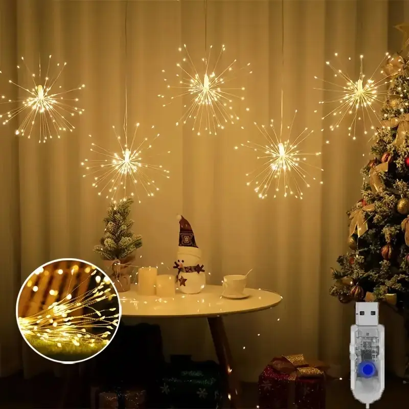 LED Hanging Starburst Ball Light, USB Powered Fireworks Lamp, 8 Modes, Wall Mounted Fairy Light, Copper Wire, Ideal for Garden, Christmas, Halloween