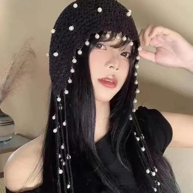 Women's Boho Knitted Cap - Ethnic Geometric Hollow-Out Cotton Blend Sun Hat with Delicate Pearl Chains, Handmade Lightweight Festival Wear for Beach Vacation Daily Casual Use