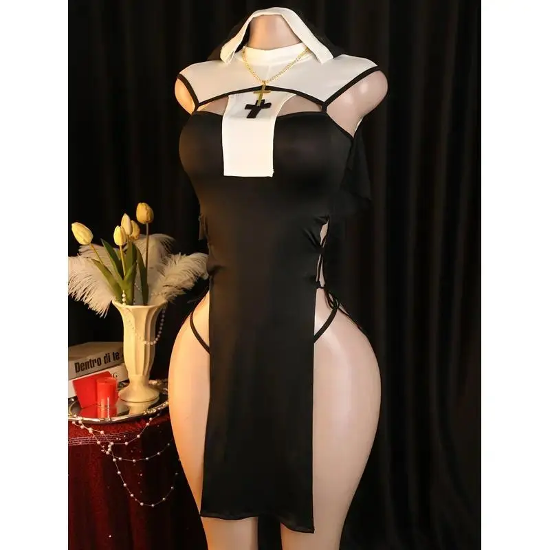 Halloween-Themed COS Costume Set: Church Nun Costume Set Includes Skirt, Veil, Necklace, and Underwear