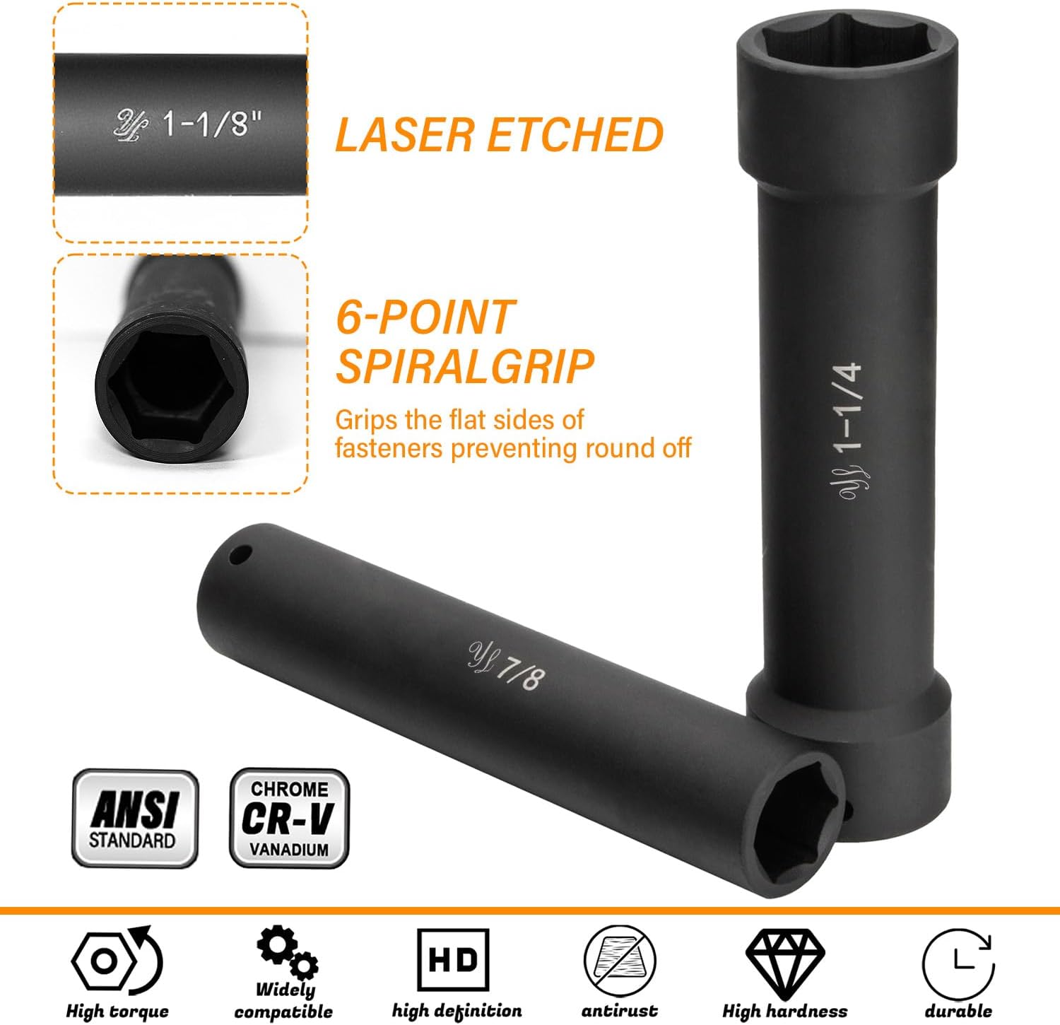 1/2 Inch Drive Extra Deep Long Socket Set, 6 count Extended Length Impact Socket Set Contains Sizes 3/4", 7/8", 15/16", 1-1/16", 1-1/8", 1-1/4", Specifically Designed for High Torque Applications