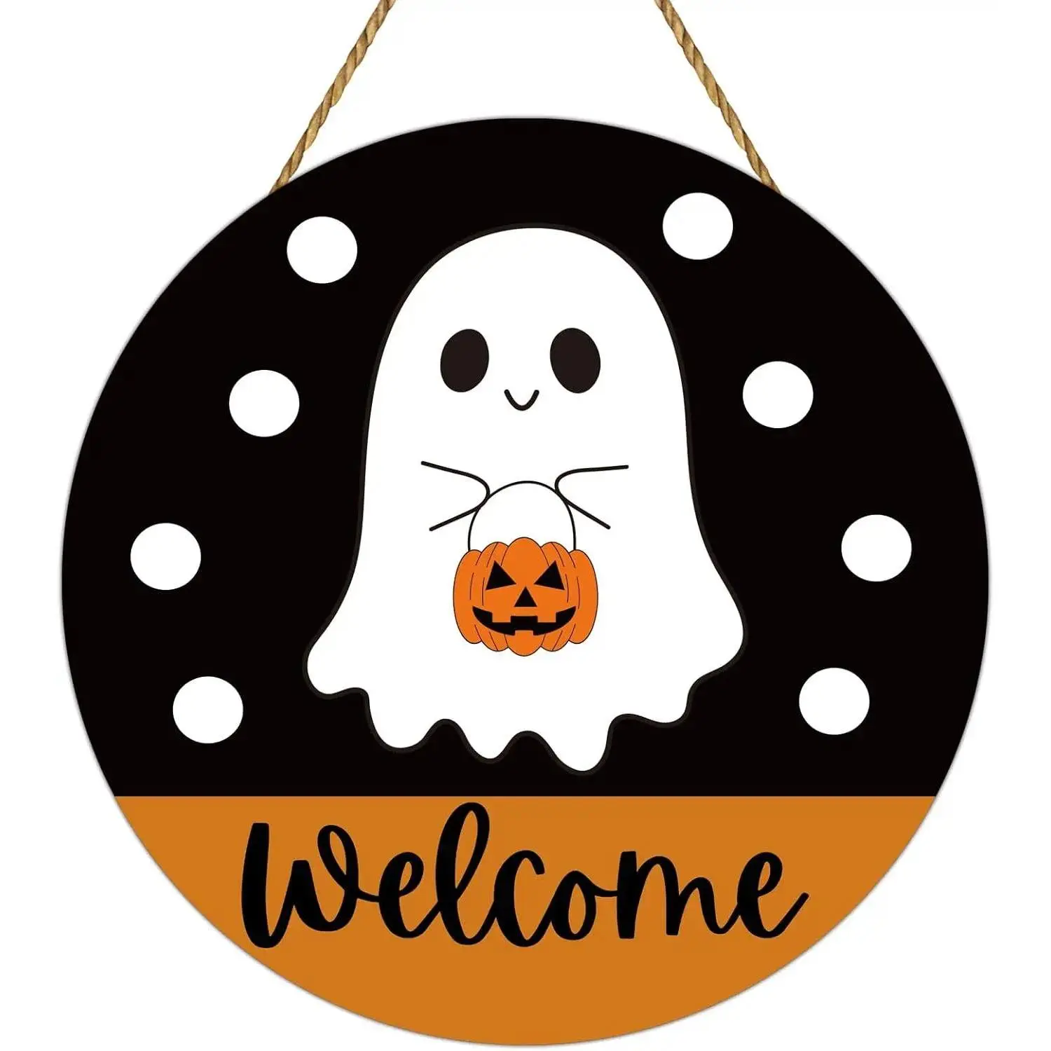 Cute Ghost Welcome Sign Halloween Wooden Door Hanger Pumpkin Decor Front Porch Wall Art Spooky Season Indoor Home Decoration Round Wood Plaque