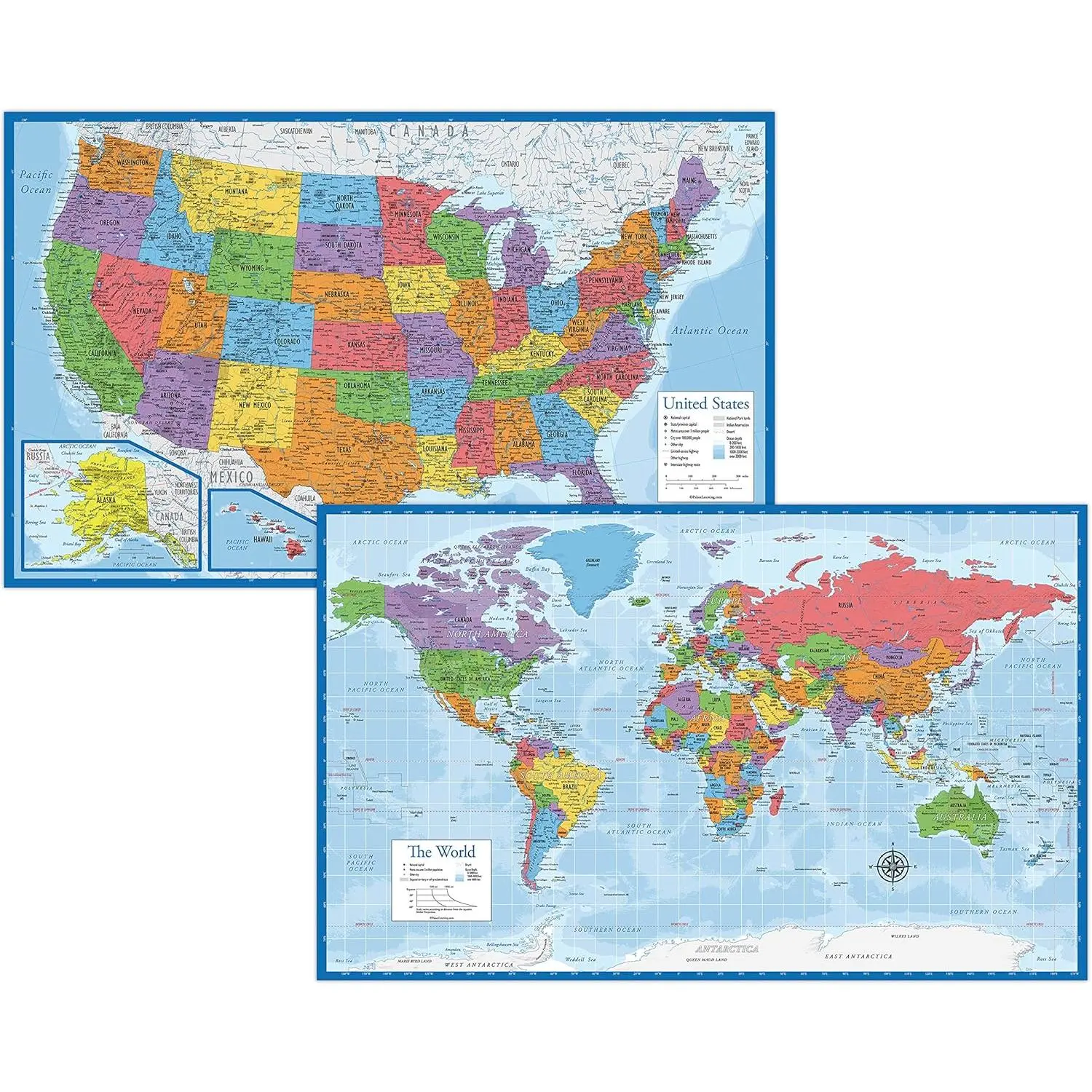 Laminated World Map & US Map Poster Set - 18" x 29" - Wall Chart Maps of the World & United States - Made in the USA - (LAMINATED, 18" x 29")