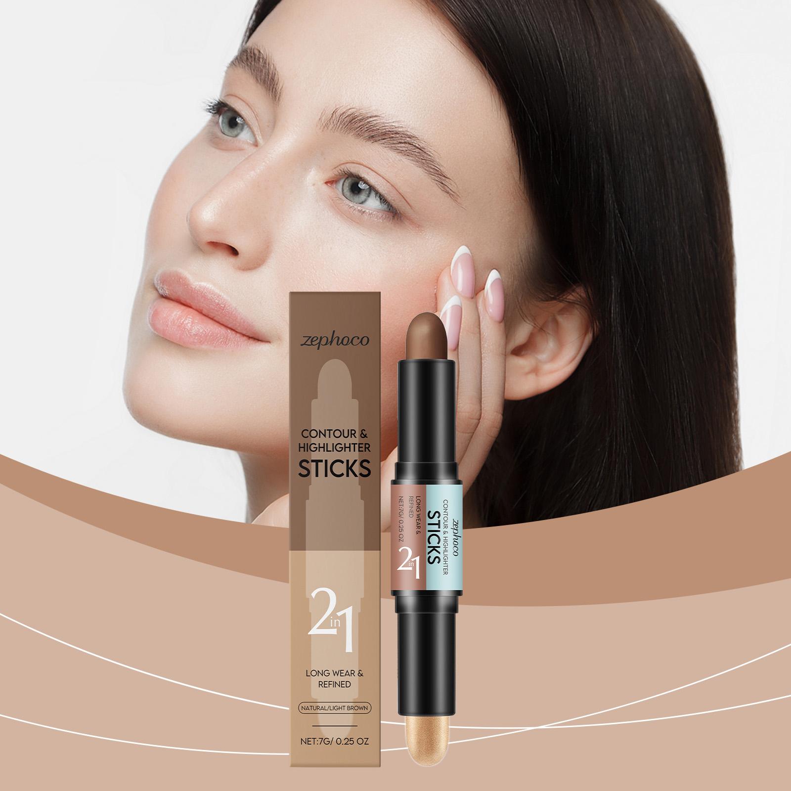 zephoco Natural Color + Light Brown 2-in-1 Contour and Highlight Stick Convenient Dual-Head Design Contour Highlight Stick