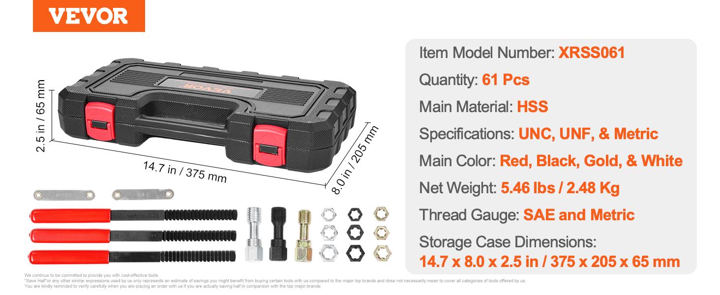 Father's Day Gift VEVOR Thread Restorer Kit 61Piece Thread Chaser Set - UNC UNF and Metric Thread Restorer Tool wit Thread Files Storage Case - Heat Treated Steel for Mechanics DIY Enthusiasts