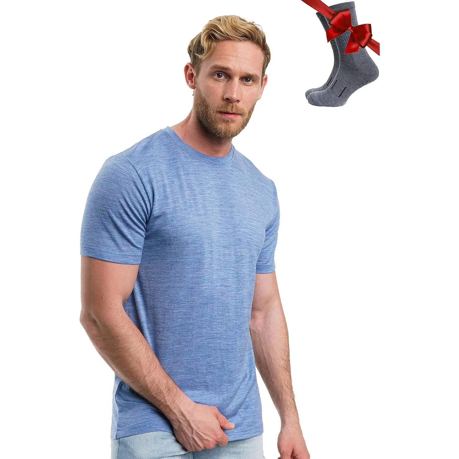 Wool Undershirt for Men Thermal Underwear Shirt + Socks (Deep Blue, Small)