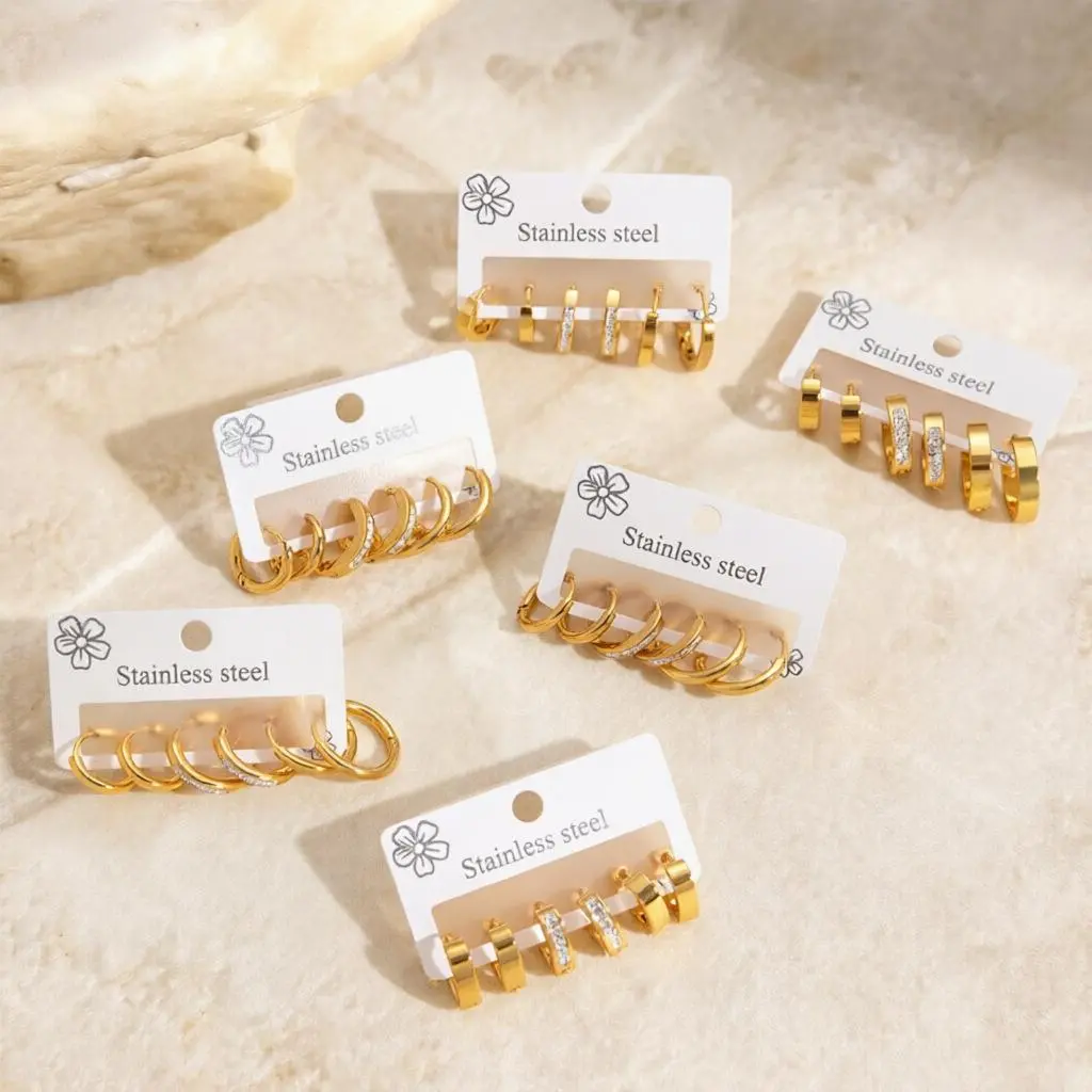 Stainless Steel Mini Huggie Hoop Earring Multi Sets 1 Card Multiple Pairs Gold Tiny Hoop Earrings with CZ Stackable Ear Pack Minimalist Everyday Jewelry for Women