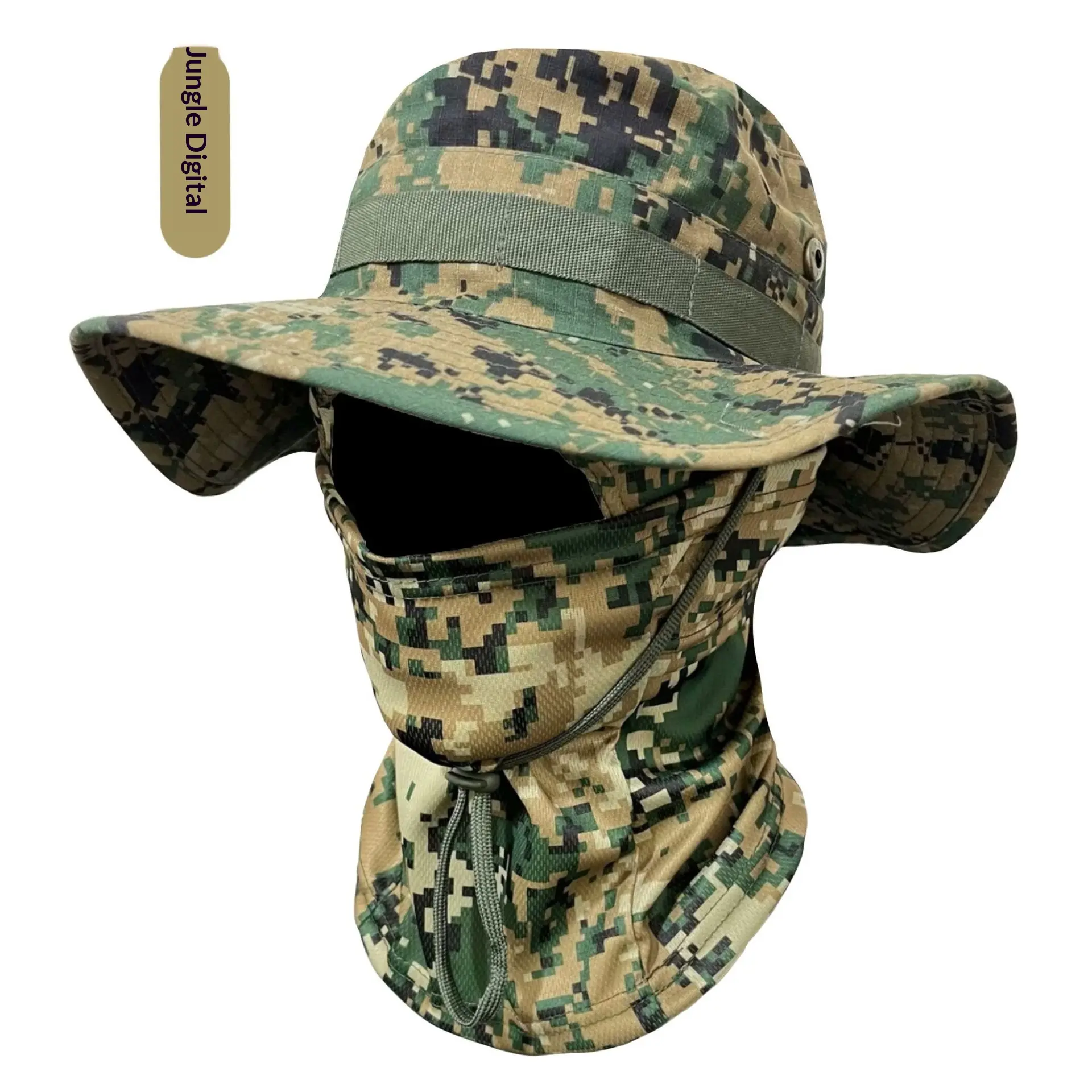 Camouflage Boonie Hat with Neck Gaiter Set for Men and Women, Windproof Drawstring Wide Brim UV Protection Outdoor Sun Hat, Breathable Foldable Cap Ideal for Hiking, Fishing, Camping and Travel Adventures