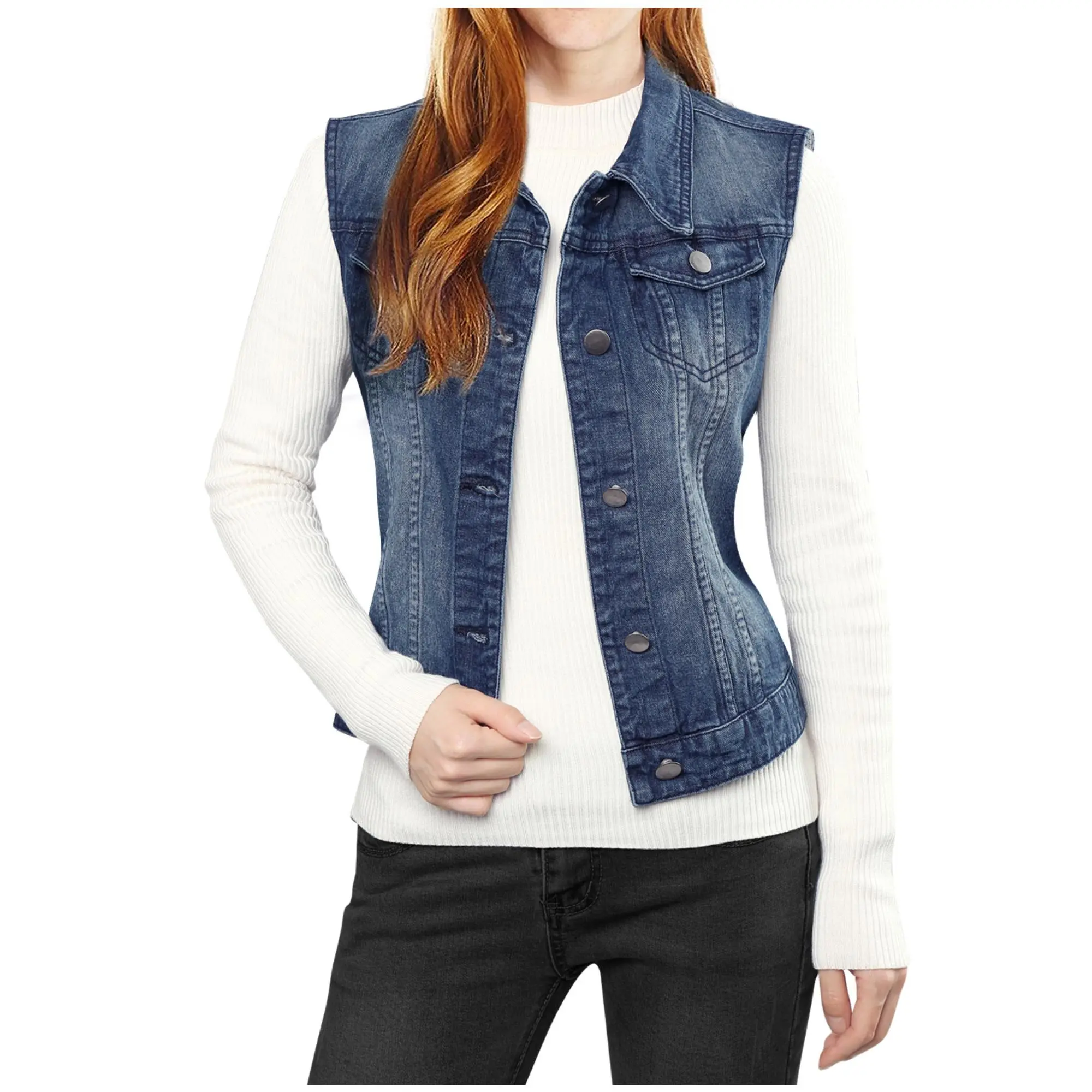 Women's Buttoned Washed Denim Vest Jacket W Chest Flap Pockets