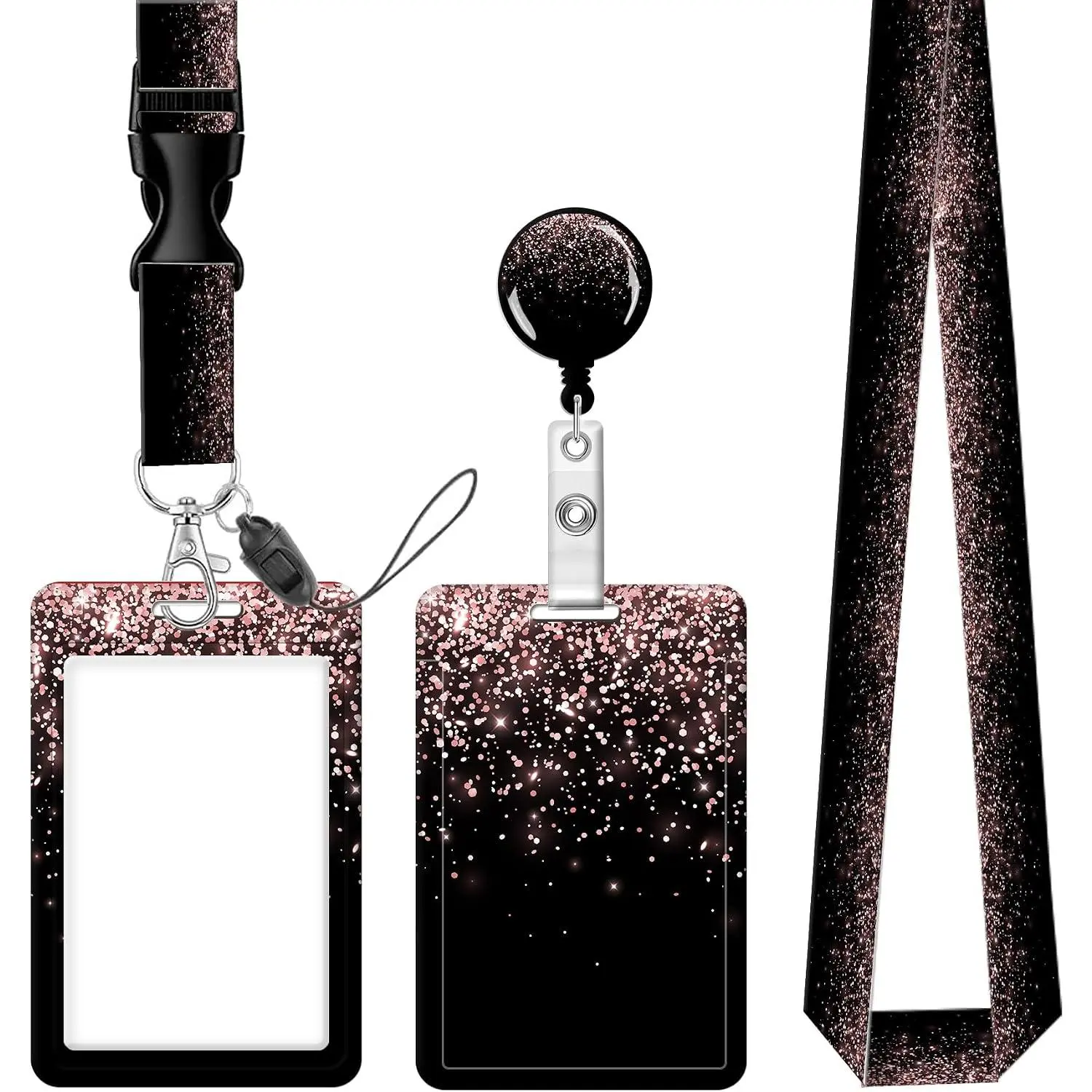 Badge Reels Retractable with Carabiner Reel Clip, ID Name Tag Work Badge Holder Belt Ferrule, Identity ID Badge Holder Cover Case for Office Work Nurse Teacher Student Gifts(Rose  Falling Glitter)
