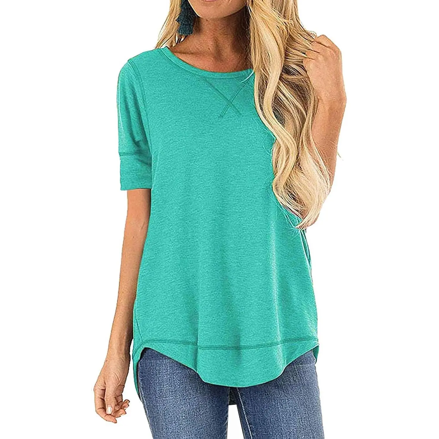 Summer Tops for Women Short Sleeve Side Split Casual Loose Tunic Top