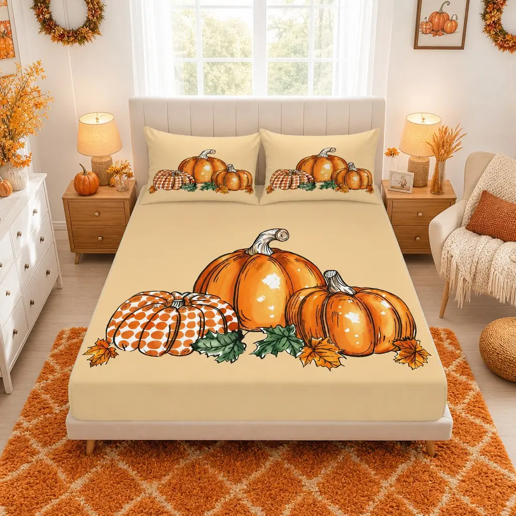 3-Piece Autumn Bed Sheet Set, Base with Hand-Drawn Pumpkin and Maple Leaf Patterns, Includes Fitted Sheet and 2 Pillowcases, Bed Sheets Set