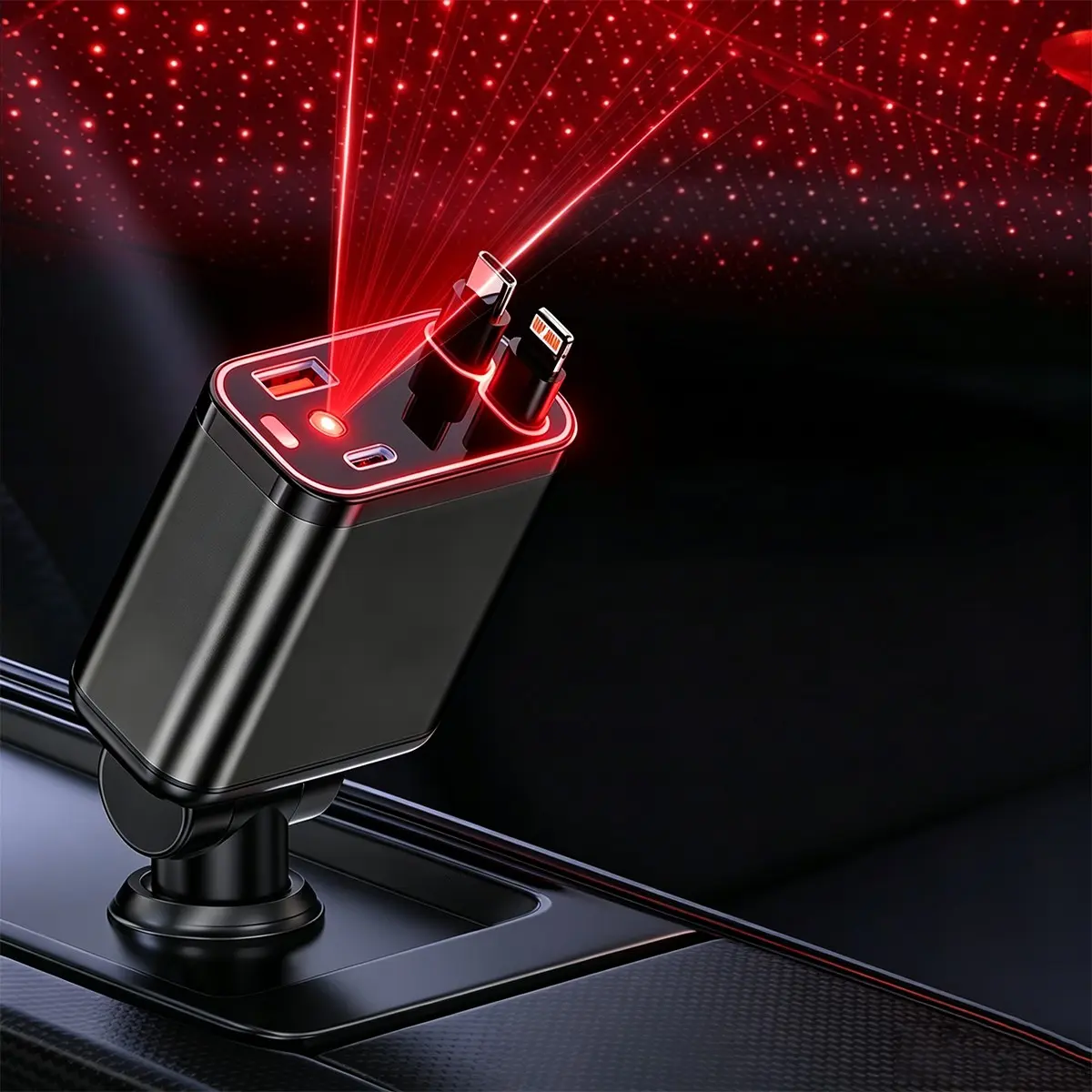 Car Star Projector Light, Retractable Car Charger with Starlight, 180° Rotatable Red Starry Sky Light Car Interior Decor Ambient Light with 2 USB Ports, Romantic Gift for Car Lovers, Car Ambient Lighting