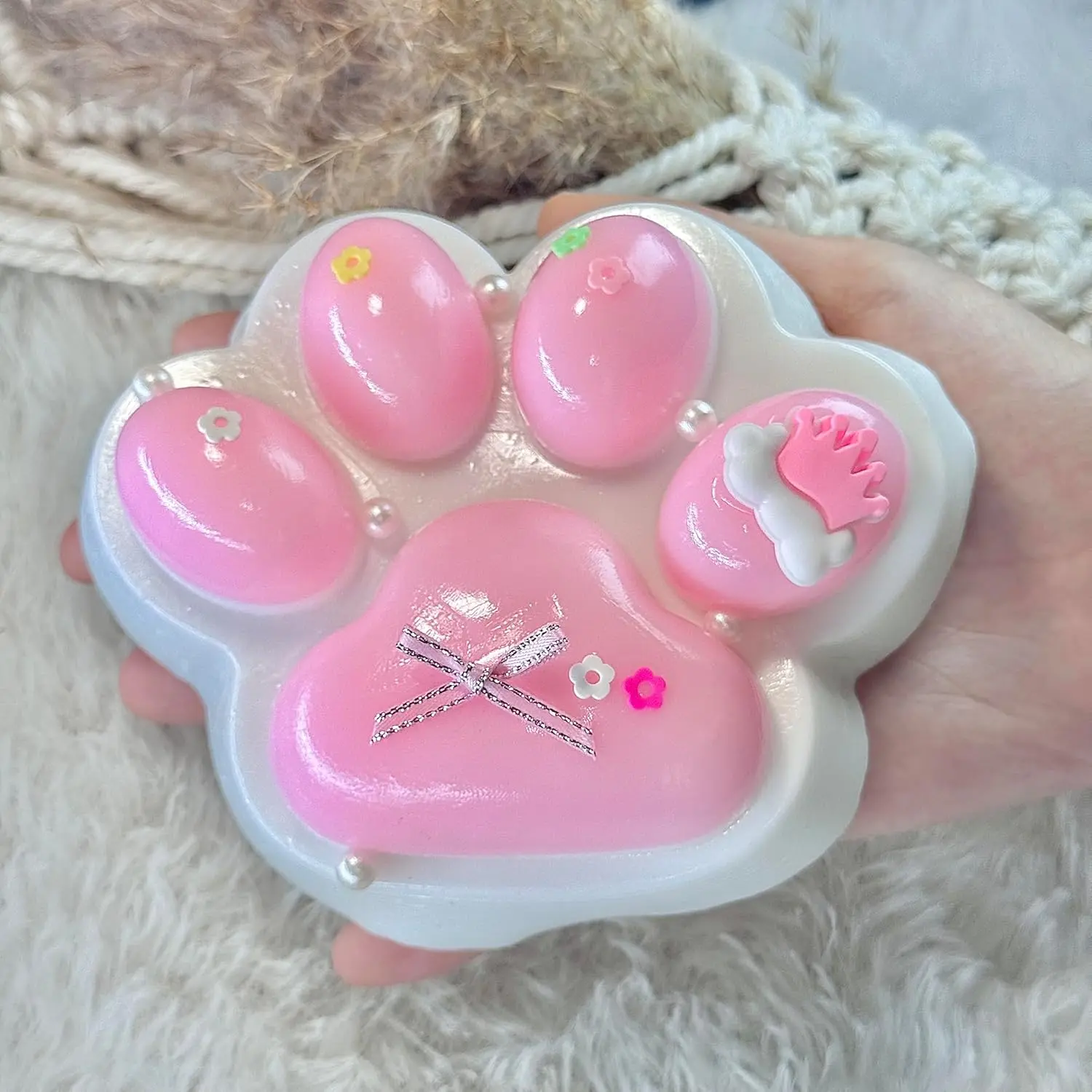 Kawaii Slow-Rising Big Taba Squishy Cat Paw Squeeze Toy - 5x5x1.6 in, 8.1 oz, Pink&White, TPR&PVC, Stretchy Stick, Sticky Collectible, Stress Relief Fidget Toy for Above 12, Party Favors, Pawfect Tail Gifts, Unisex