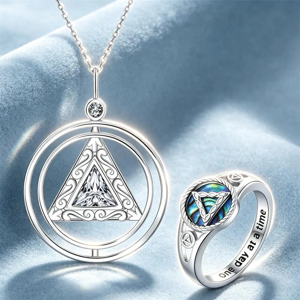 AA Sobriety Jewelry Set for Women Zinc Alloy Rotatable Spinner Necklace Abalone Shell Triangle Ring Inner Engraved One Day At A Time Alcoholics Anonymous Anti Stress Fidget Addiction Recovery Sober Anniversary Encouragement Gift for Her Jewelry