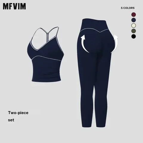 MFVIM Women's 2-Piece Fitted Athletic Clothing Set - Female Matching Workout Sets, V-Neck Long-Strap Tank Tops, High-Waisted Shaping Full-Length Yoga Pants for Gym, Second-Skin Feel, All Seasons