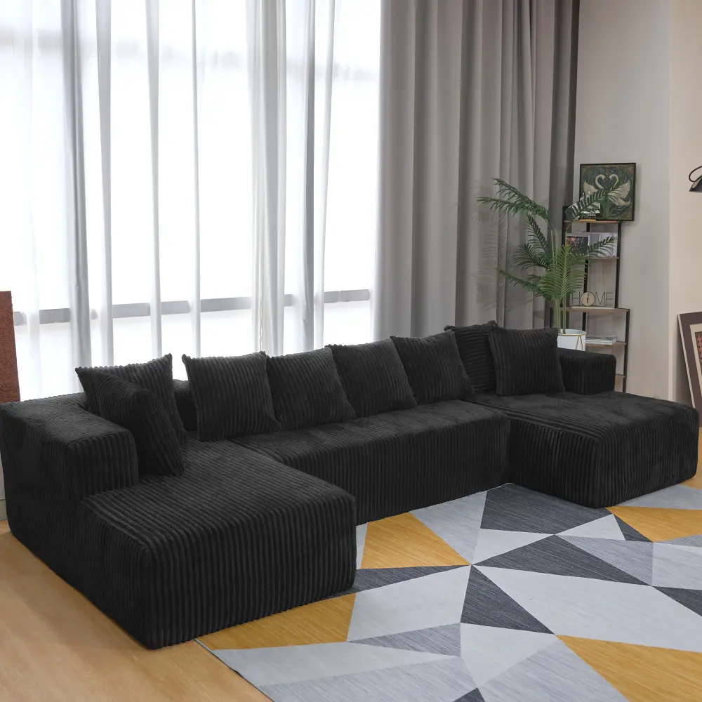 130-Inch Sturdy Comfy Couch - U-Shaped Modular Cloud Sectional Sofa with Fixed Arms, 4-Seat Oversized Boneless Chaise, 130.31x58.66x23.62in, No Assembly, Clean Look Black Living Room/Bedrooms Furniture (Old Sku:W3276S00015)