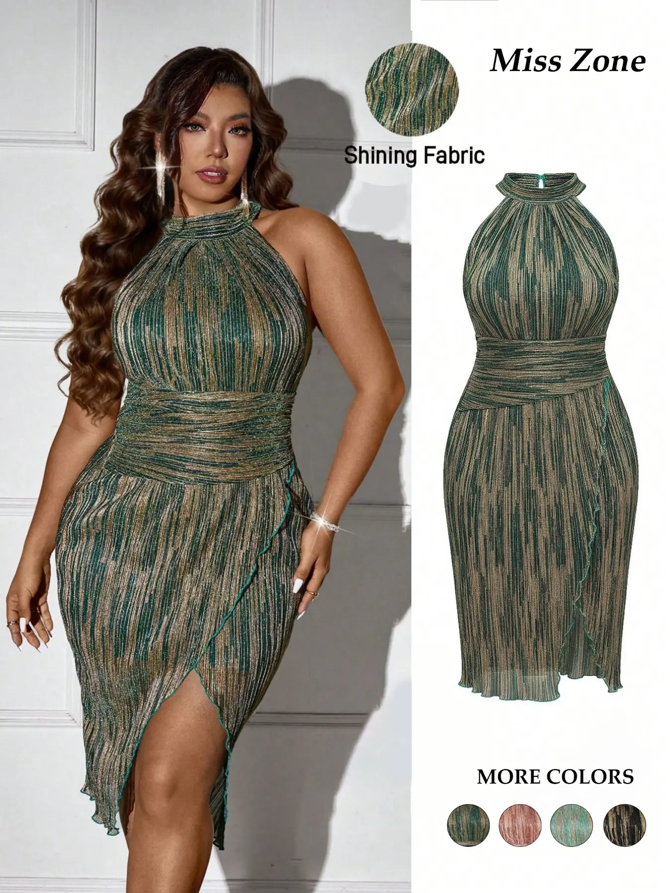 Women's Plus Size Halter Neck Midi Dress Solid Ruched Bodycon Slit Hem Shiny Metallic Elegant Evening Party Wedding Guest Cocktail Trendy