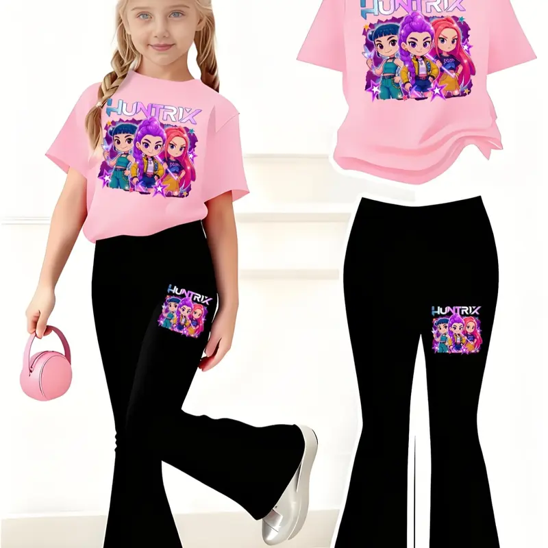 Cartoon Print 2-Piece Set for Girls, Casual Sporty Short Sleeve and Bell Pants, Comfortable Elastic Waist, Spring Summer, Summer Outfits Set, Summer Clothing Set, Clothes Kids