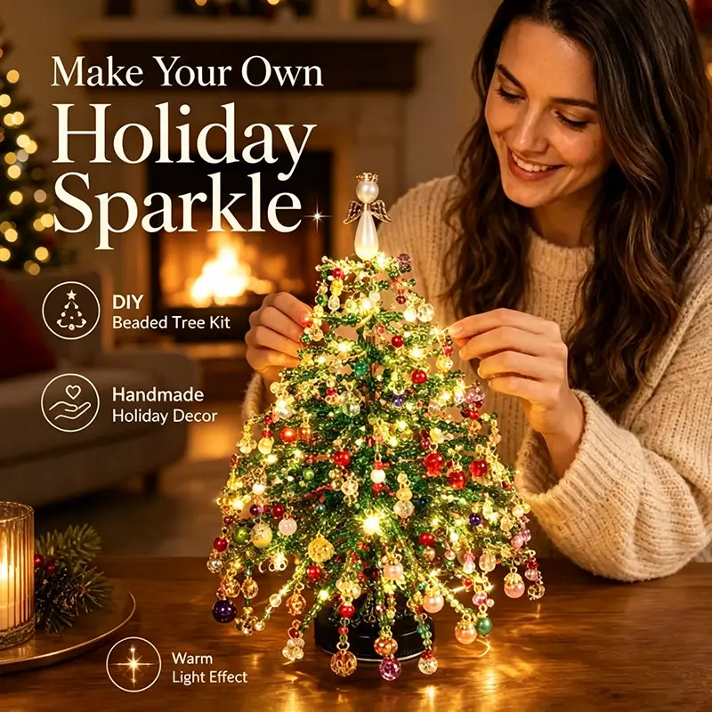 DIY Beaded Christmas Tree Kit, Hand‑Made Mini Crystal Bead Xmas Tree Craft Set, Complete Christmas Decoration Making Supplies with Beads, Angel Tree Topper, Base & Accessories, Tabletop Holiday Ornament, Fun DIY Project, Ideal Christmas Gift for Kids & Fa