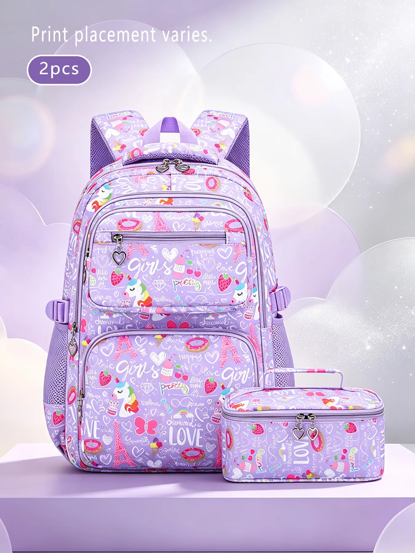 2Pcs Lavender Sweet Cartoon Print Backpack Set Matching Handheld Stationery Case Mesh Padded Shoulder Straps Multi-layer Zip Storage Pockets for Campus Study Weekend Trips Daily Casual Outings