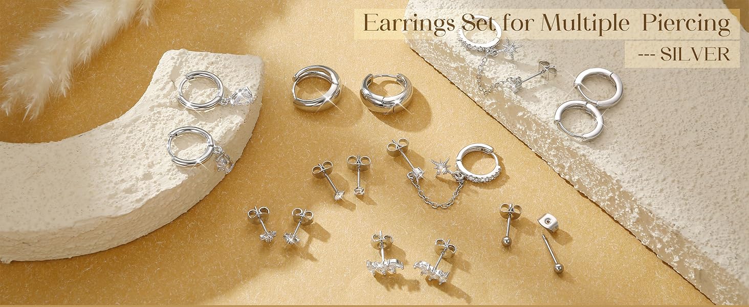 LOLIAS Gold Hoop Stud Earring Stacks for Women - 14K Gold Plated Chain Cartilage Earrings Cute Hypoallergenic Silver Huggie Earrings Sets for Multiple Piercing Jewelry Lightweight 8Pairs