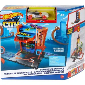 Hot Wheels City Toy Car Track Set, Downtown Car Park Playset with 1:64 Scale Vehicle, 4 Levels, Working Lift & Exit Chute