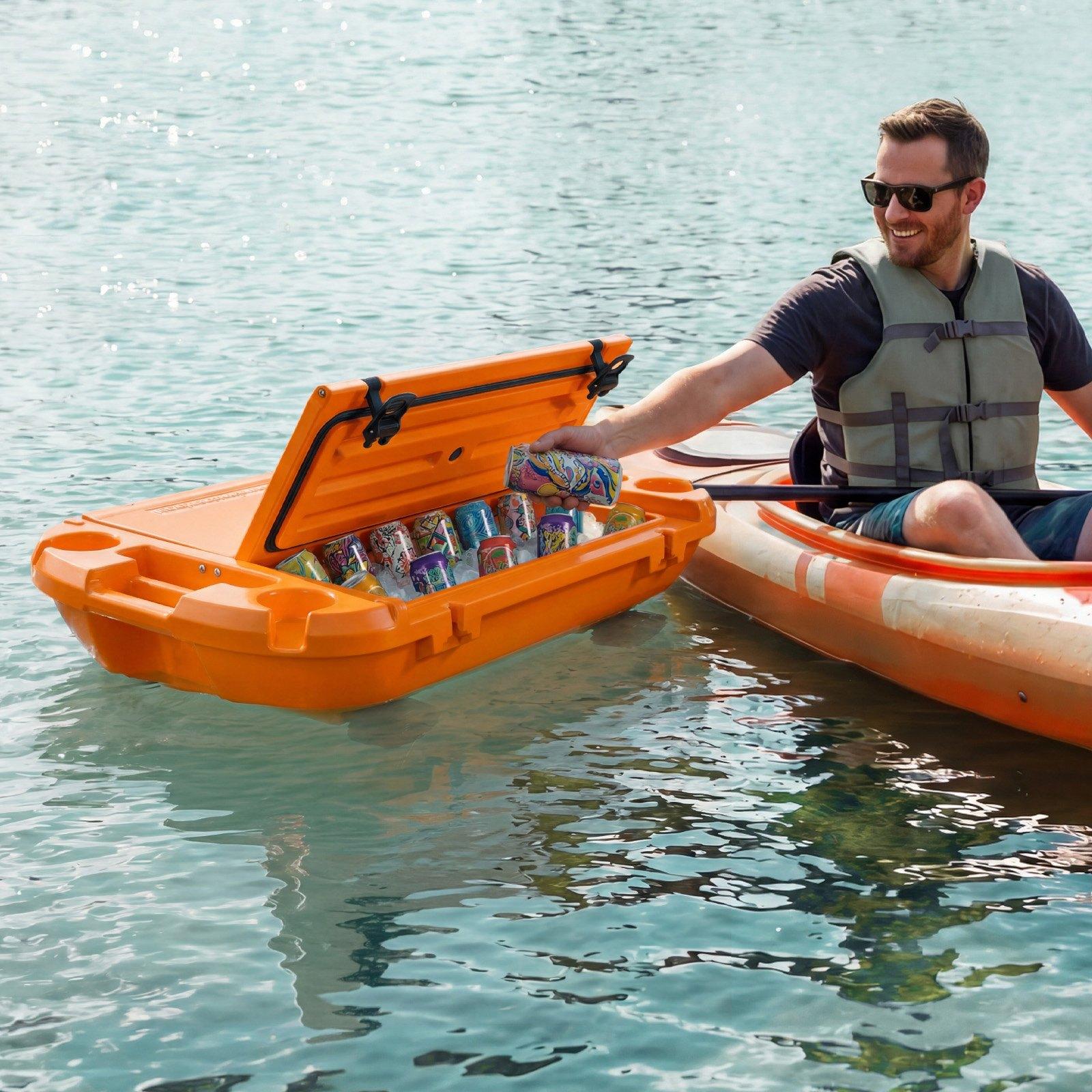 VEVOR Floating Cooler, 40 QT Floating Ice Chest with Dry Storage, Wheels & Tow Rope, Premium LLDPE Amphibious Drink Cooler for Water & Land, Cruise Stable on Lake, River, Pool, Beach, Kayak, Orange