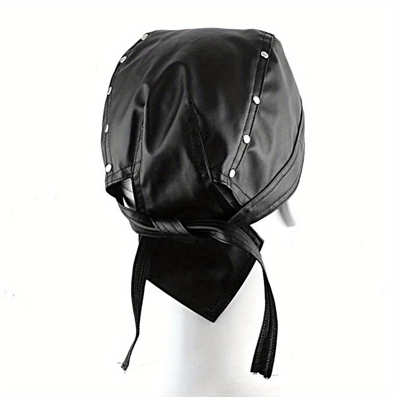 One-Size Black Leather Bandana for Men with White Studs - Biker Doo Do Rag Headwrap, 100% Genuine Leather, Woven Style, Perfect for Parties jungkook  hat scarf head wrap